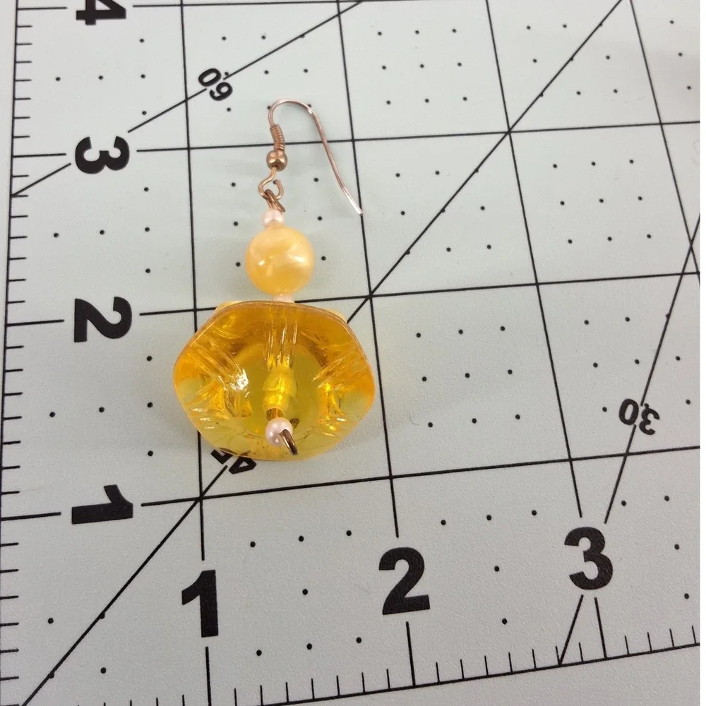 Yellow Carved Floral‎ Resin Drop Earrings Gold Tone Hooks Vintage Style